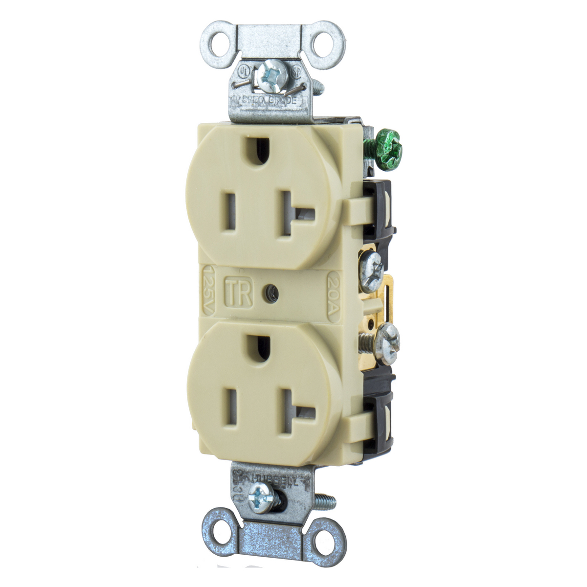 BR20ITR 1-Phase Duplex Grounding Tamper-Resistant Screw Mount Straight Blade Receptacle, 125 V AC, 20 A, 2 Poles, 3 Wires, Ivory