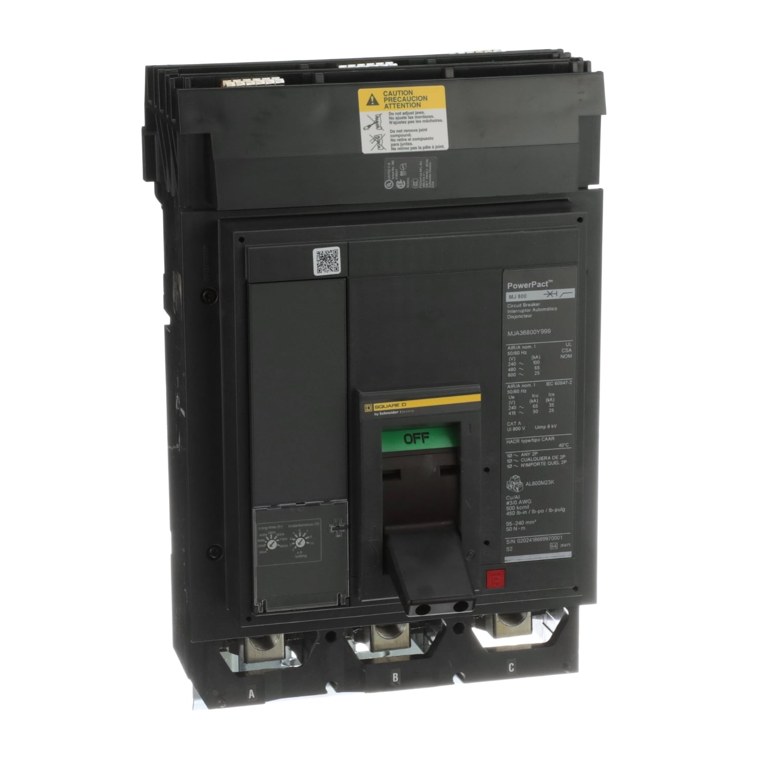 MJA36800E10 Series Circuit Breaker, 600 V AC, 300-800 A, 25 to 100 kA interrupt, 3 poles, Magnetic trip