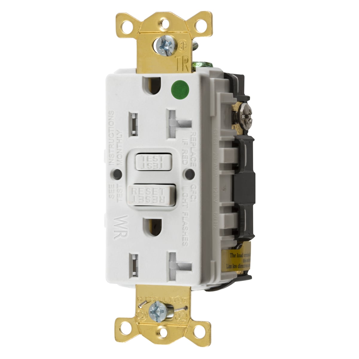 GFTWRST83W 1-Phase Decorator Duplex Heavy Duty Standard Straight Blade Self-Test Tamper/Weather-Resistant Screw Mount GFCI Receptacle, 125 VAC, 20 A, 2 Poles, 3 Wires, White