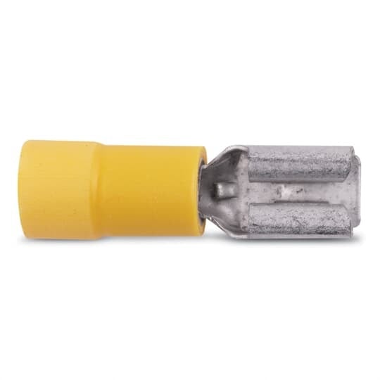 TV10-250FD-L Catamount Female Disconnect, 12 to 10 AWG Conductor, 0.25 in W x 0.032 in THK Tab, Long Barrel, Brass/Copper, Yellow, Insulated
