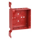 Square Box, 30.3 Cubic Inches, 4 Inch Square x 2-1/8 Inches Deep, 1/2 Inch and 3/4 Inch Eccentric Knockouts, Red, Pre-Galvanized Steel, Welded Construction, with CV Bracket, For use with Conduit