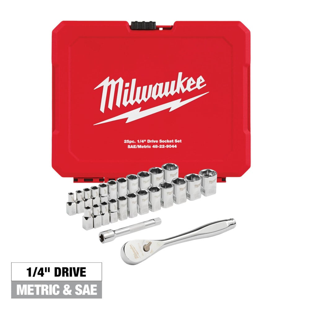 48-22-9044 Four Flat Side Ratchet and Socket Set, Steel, Chrome