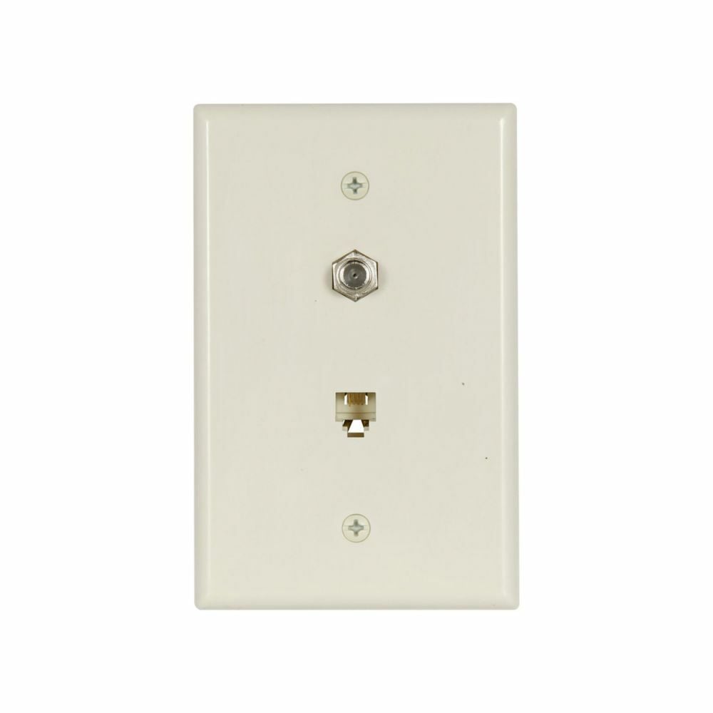 Telephone Jack and Coaxial Adapter Wallplate, Light almond, Thermoplastic, Surface, Mid-size, 4-conductor jack and coax adapter, Type F, RJ11, RJ14, Combination
