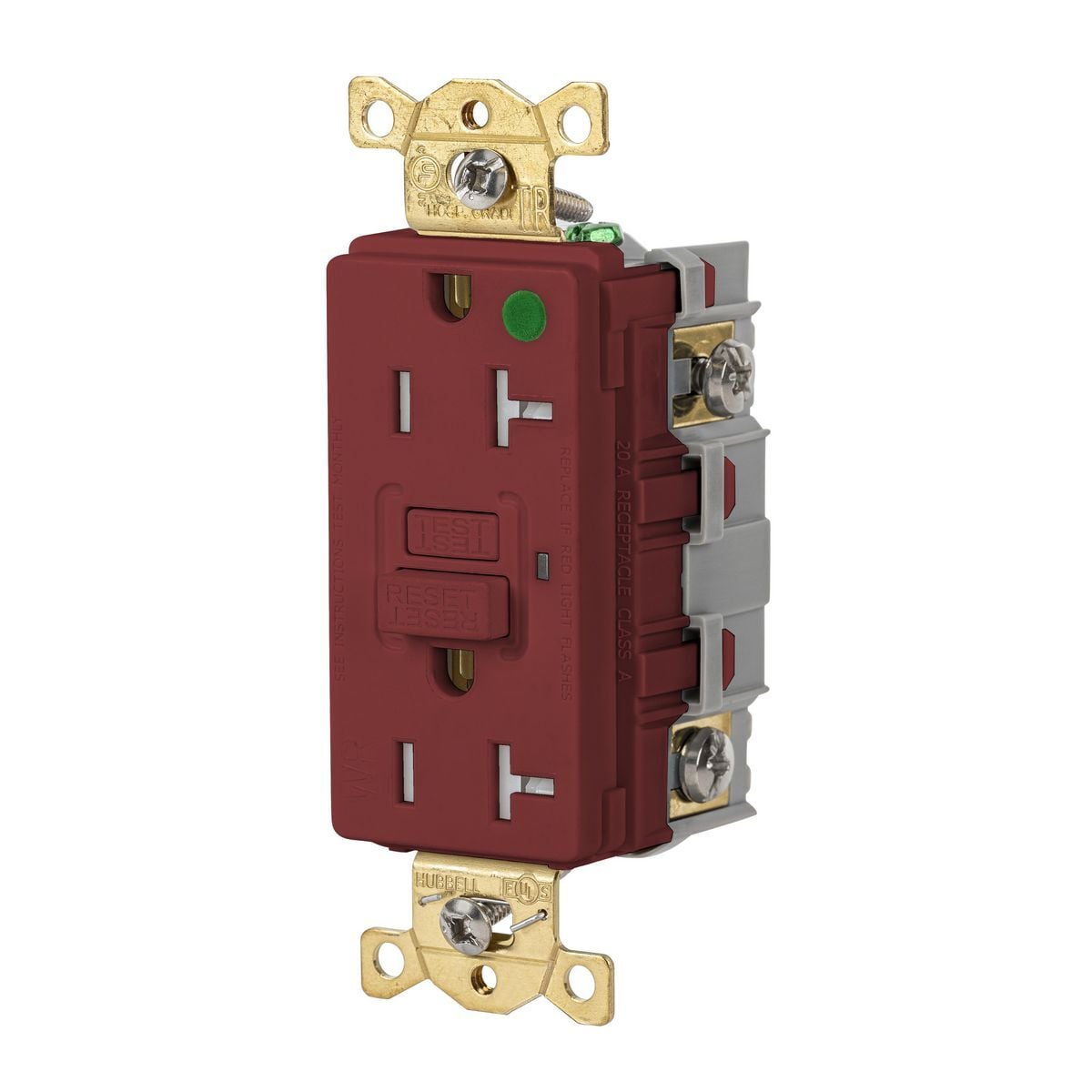 GFRTW83R Heavy Duty GFCI Receptacle, 125 V AC, 20 A, 2 Poles, 3 Wires, Red