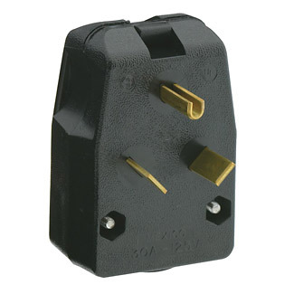830-E Angle Grounding Straight Blade Plug, 125 V AC, 30 A, 2 Poles, 3 Wires, Black