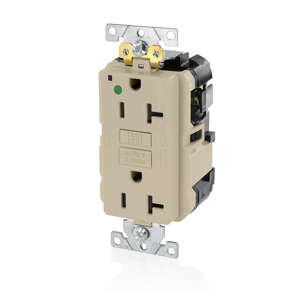 MGFN2-HGI SmartlockPro Slim Duplex Feed Through Self-Test GFCI Receptacle, 125 V AC, 20 A, 2 Poles, 3 Wires, Ivory