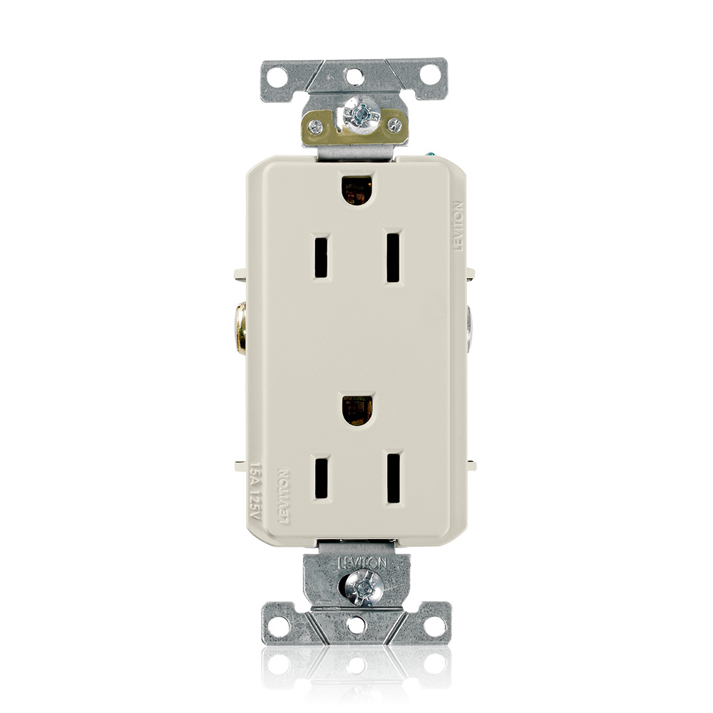 16252-T Heavy Duty Self Grounding Straight Blade Duplex Receptacle, 125 V AC, 15 A, 2 Poles, 3 Wires, Light Almond