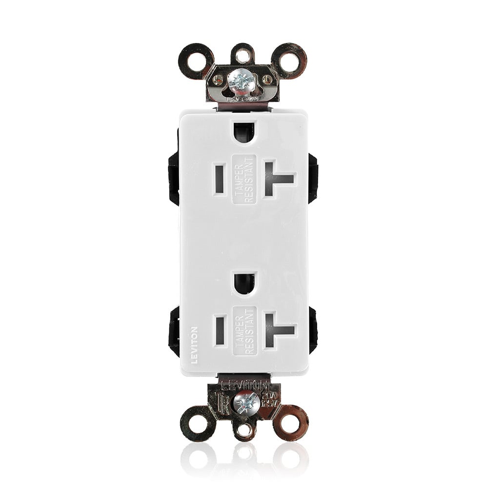 MT163-W Lev-Lok Duplex Self-Grounding Tamper Resistant Straight Blade Receptacle, 125 V AC, 20 A, 2 Poles, 3 Wires, White