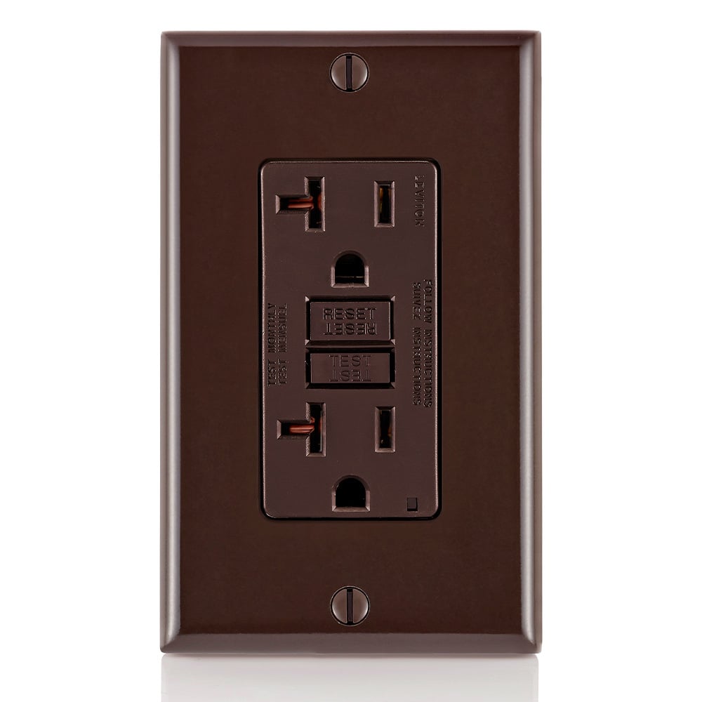 GFTR2 Duplex Feed Through Self-Test Slim Standard Tamper Resistant GFCI Receptacle With Brown Test, Reset Button, 125 V AC, 20 A, 2 Poles, 3 Wires, Brown