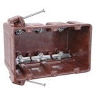 Three-Gang Nail-On Outlet Box, Volume 58.5 Cubic Inches, Length 3-21/32 Inches, Width 5-15/16 Inches, Depth 3-21/32 Inches, Color Brown, Material Phenolic, Mounting Means Compound Angled Nails, with High Clamps