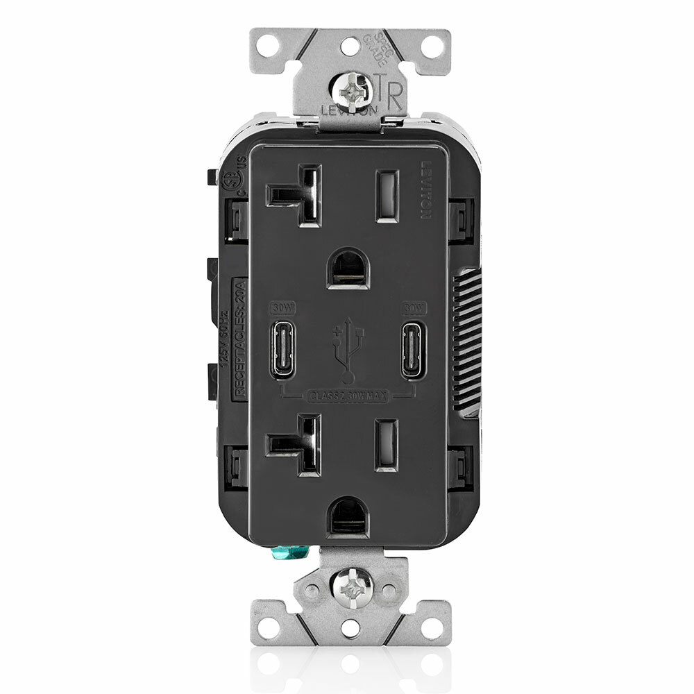 T5835-E Decora Plus Combination Grounding Tamper-Resistant Duplex Receptacle and USB Charger, 125 V AC, 20 A, Black
