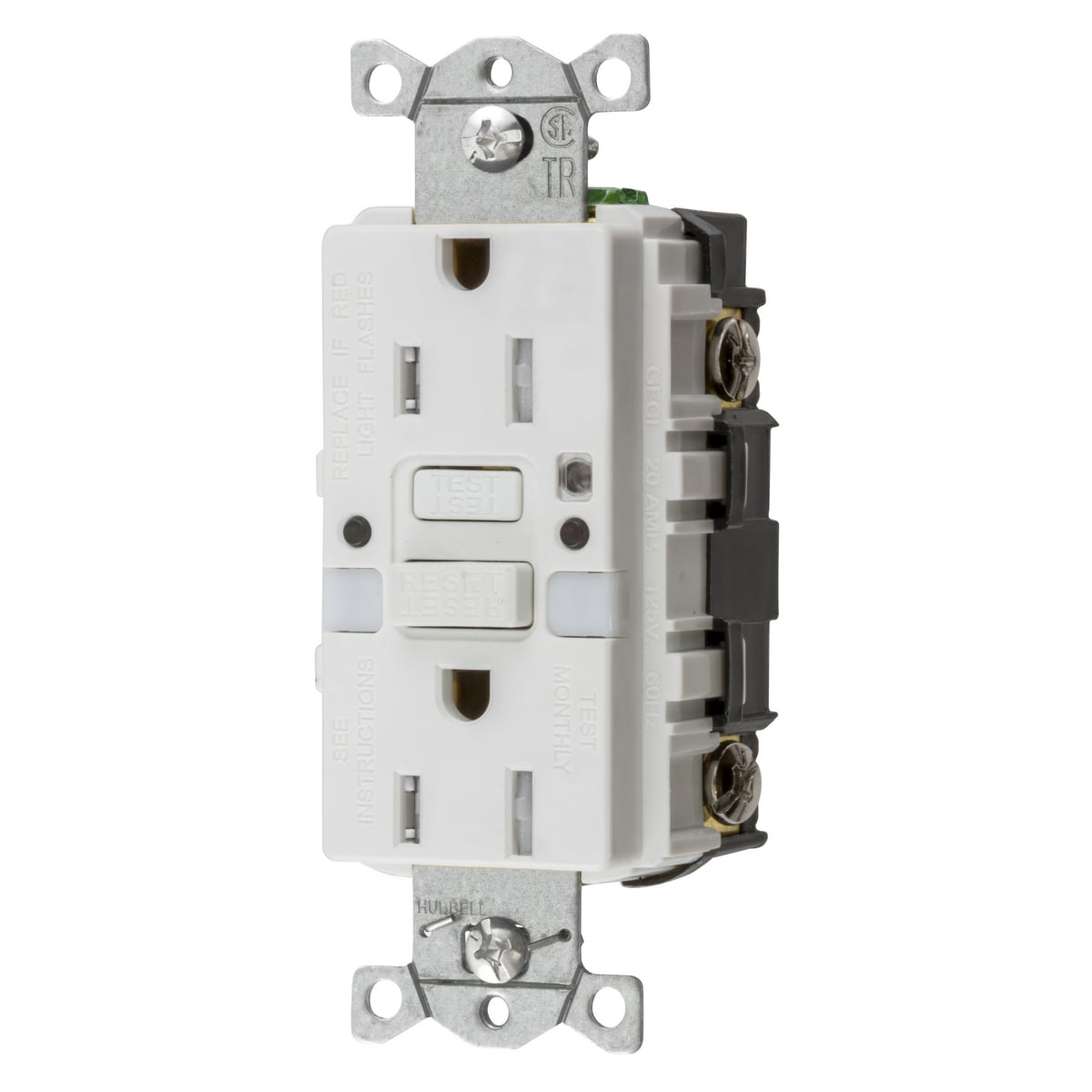 GFTRST15WNL 1-Phase Decorator Duplex Straight Blade Self-Test Tamper Resistant Standard Screw Mount GFCI Receptacle, 125 V AC, 15 A, 2 Poles, 3 Wires, White