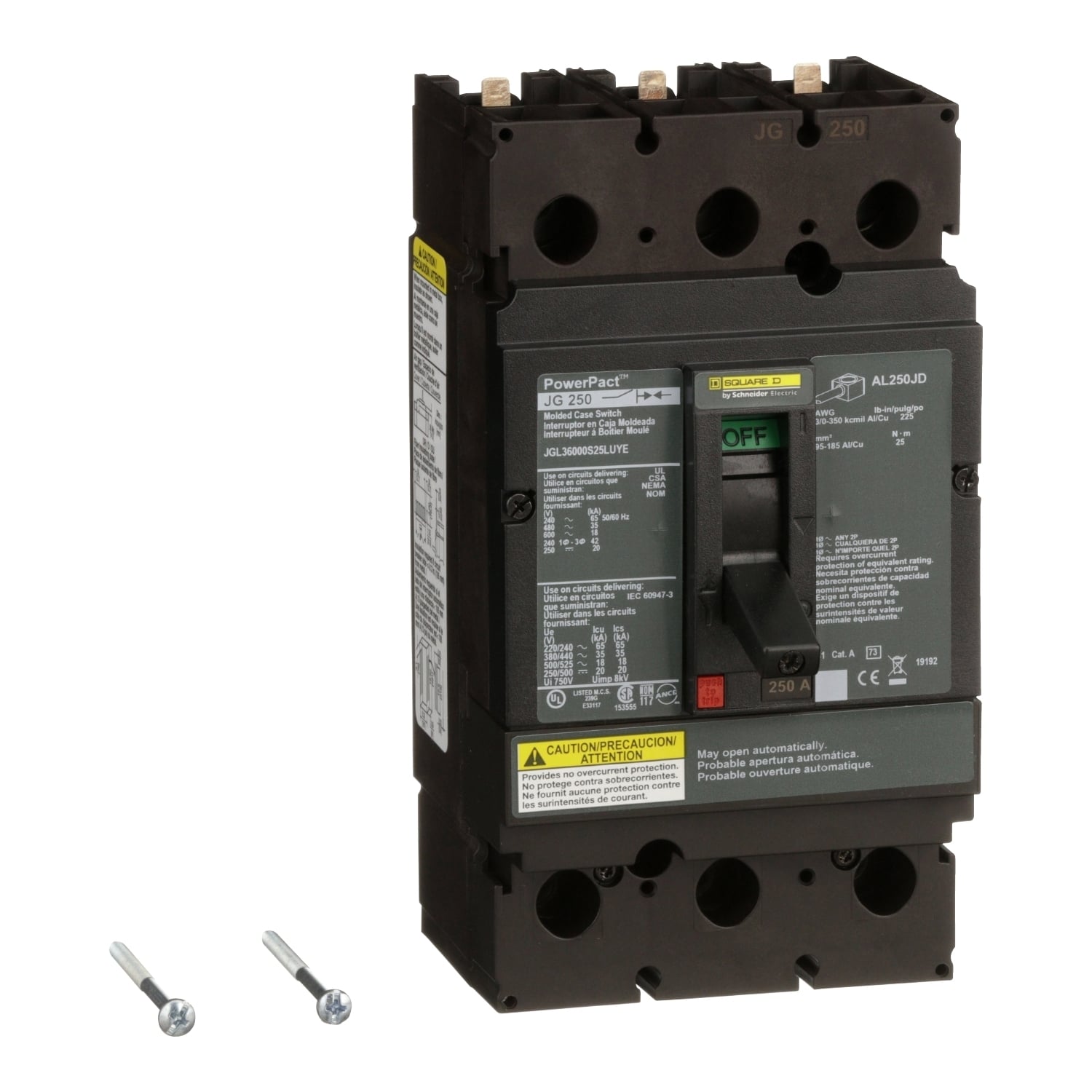 JGL36000S25LUYE PowerPact Automatic Molded Case Switch, 600 V AC, 250 A, 65 kA at 240 V AC/35 kA at 480 V AC/18 kA at 600 V AC/20 kA at 250/500 VDC Interrupt, 3 Poles, Thermal Magnetic Trip
