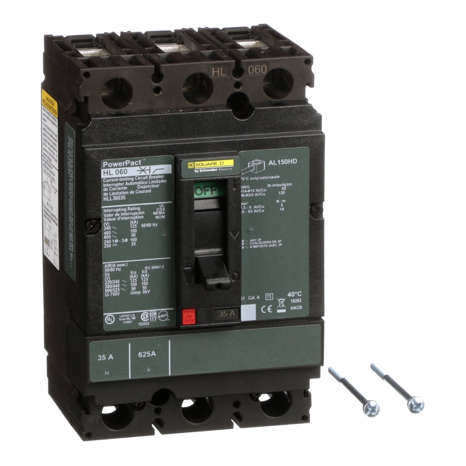 HLL36035 I-Line PowerPact Type HLL Molded Case Circuit Breaker, 600 V AC/250 to 500 V DC, 35 A, 125 kA at 240 VAC/100 kA at 480 VAC/50 kA at 600 VAC/20 kA at 250 VDC/50 kA at 500 VDC Interrupt, 3 Poles, Thermal Magnetic Trip
