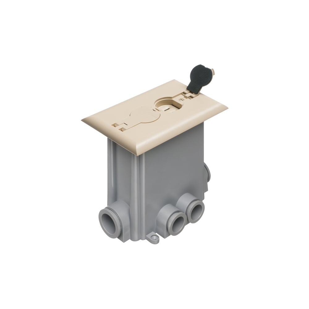 Non Metallic concrete floor box with non metallic covers for new concrete pours. Light Almond with flips lids. Includes Box, Mud Cover, Four 3-1/4 plugs, two 1" plugs, 1/8" spacer 1/4" spacer. one 1/2" spacer, one 3/4" spacer, Mounting bracket, Duplex receptacle, Gasketed cover plate.