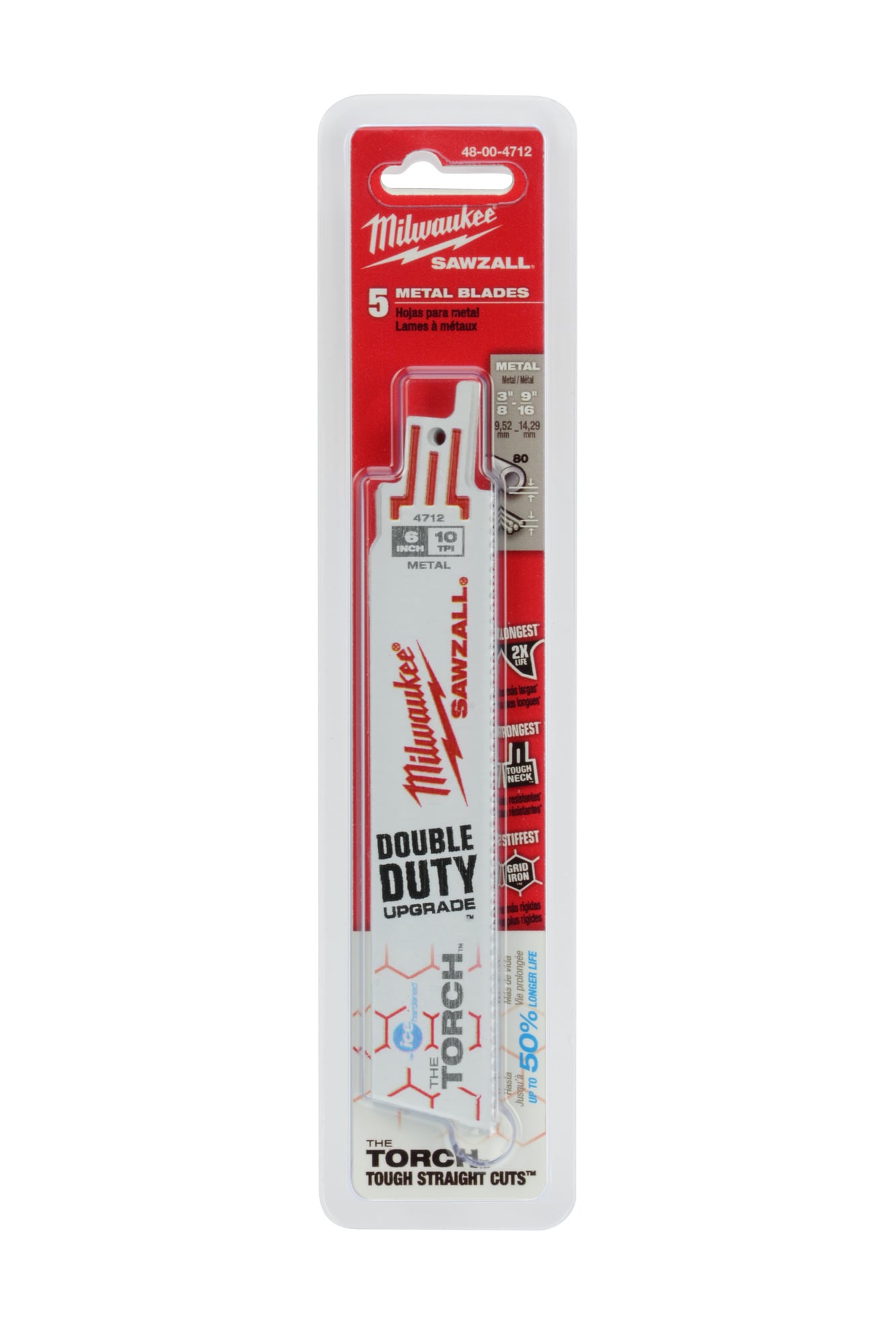 48-00-4712 Sawzall The Torch Ice Hardened Double Duty Straight Back Reciprocating Saw Blade, 6 in L x 1 in W, 10 TPI, Bi-Metal Body, Universal/Toothed Edge Tang