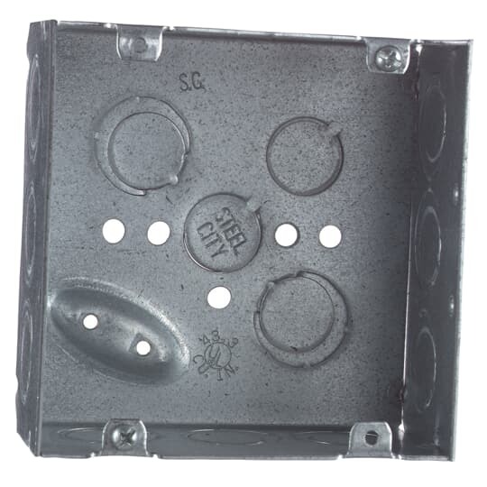 72171-1/2-3/4-E Square Outlet Box, Pre-galvanized Steel, Welded, 42 cubic inch capacity, Eccentric Knockouts, 4-11/16 inch x 4-11/16 inch x 2-1/8 inch