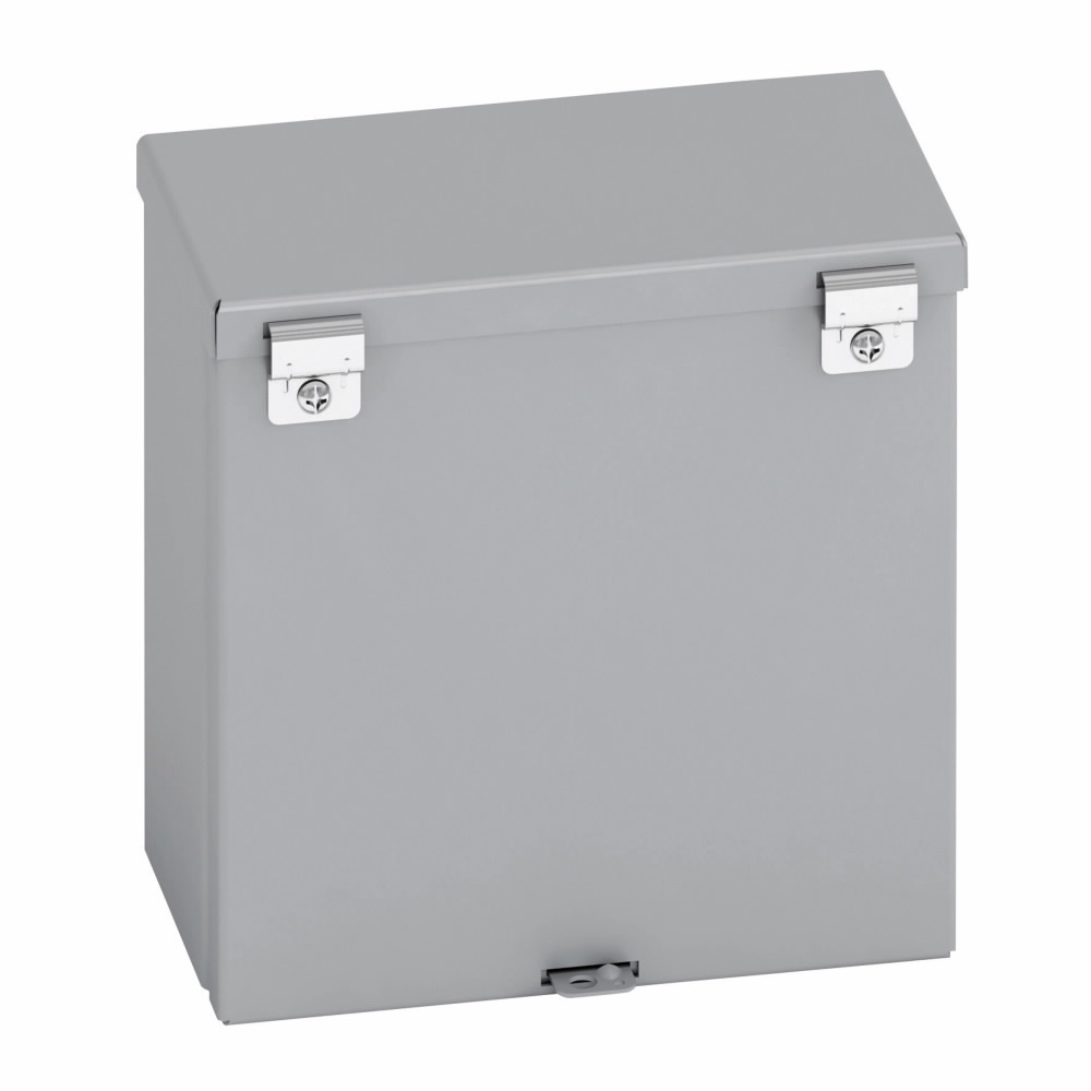 Type 3/3R junction boxes, 12" height, 6" length, 12" width, NEMA 3R, Hinged cover, RTHC enclosure, Surface mounted, Small single door, 5 knockouts, Embossed thru holes, Carbon steel