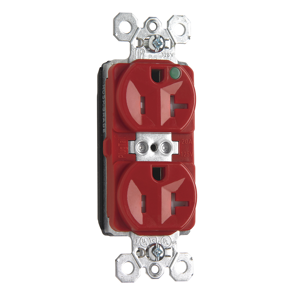 PTTR8300RED PlugTail 20 Amp 125V Hospital-Grade Duplex Receptacle, Back and Side Wire, Red