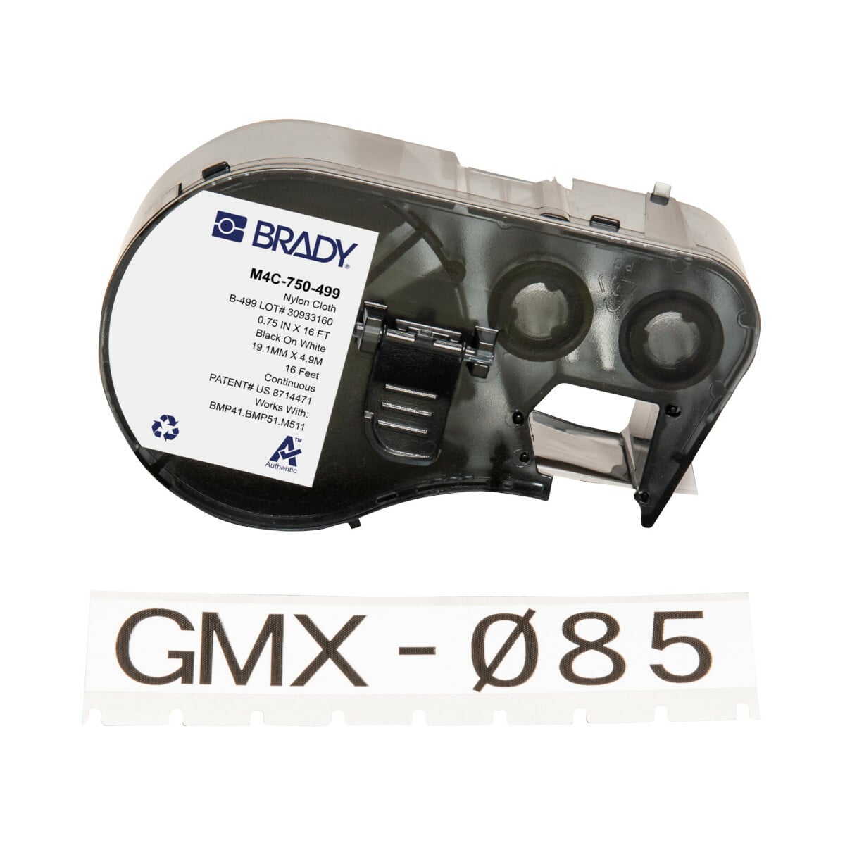 M4C-750-499 Permanent Adhesive Wire and Component Label, 4.88 m L x 19.05 mm W, Black on White, B-499 Nylon Cloth