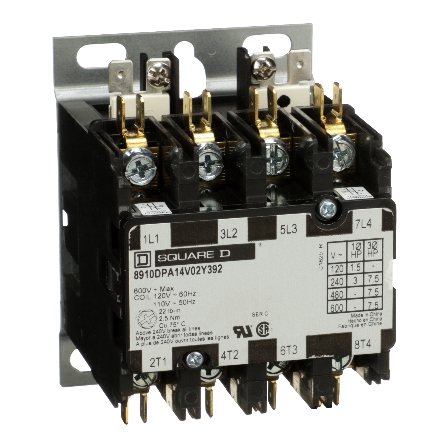 Contactor, Definite Purpose,  20A, 4 pole, 7.5 HP at 575 VAC, 3 phase, 277 VAC 60 Hz coil, open, 2 NC power poles