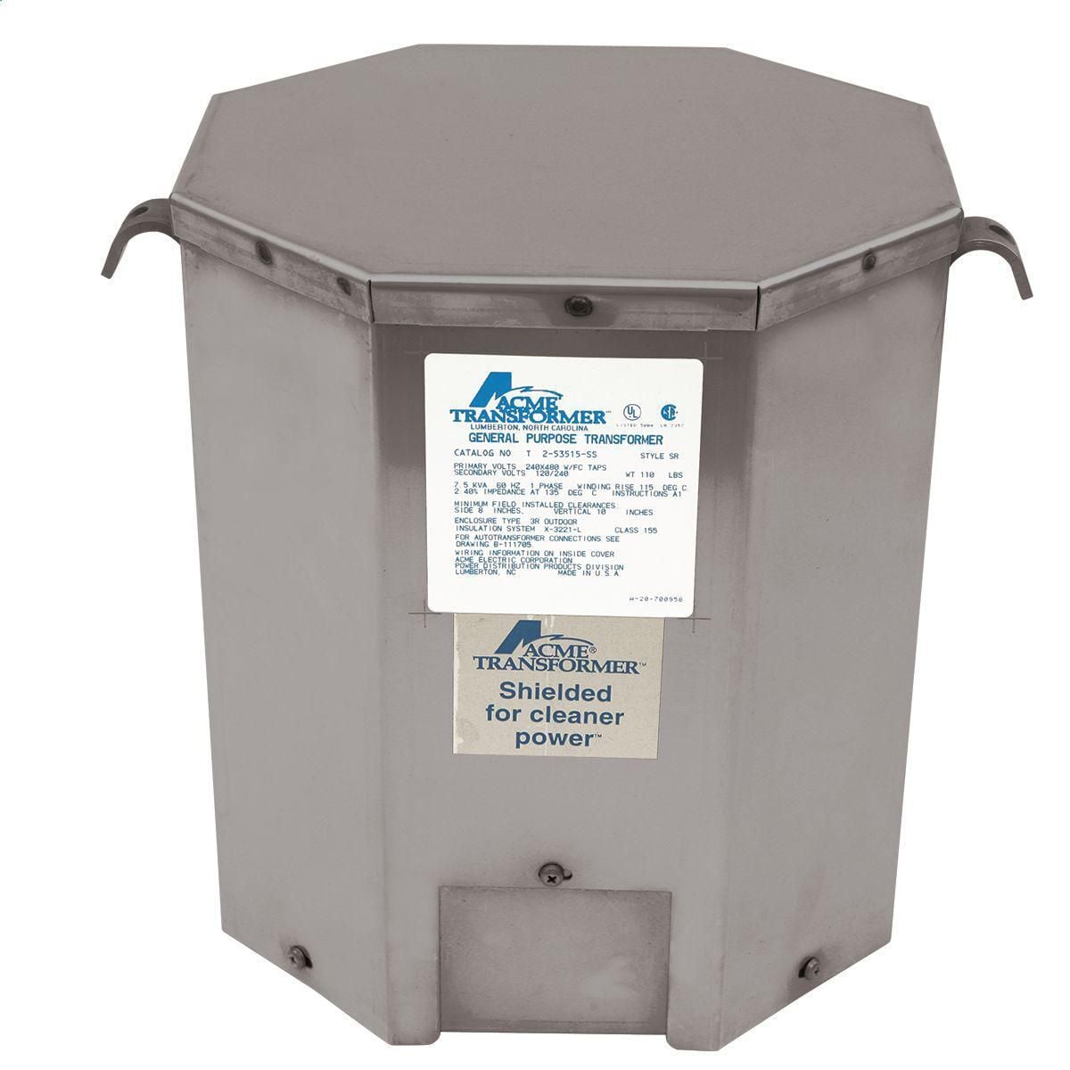 T253515SS Isolation Dry Encapsulated Distribution Transformer, 240/480 V AC Primary, 120/240 VAC Secondary, 7.5 kVA Power Rating, 60 Hz, 1 Phase