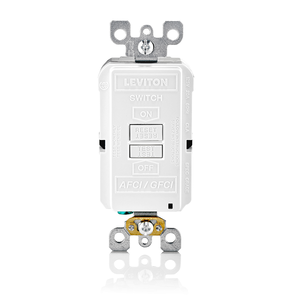 AGRBF-W Decora Dual Function Feed-Through Monochromatic Self-Test Blank Face AFCI/GFCI Receptacle With LED Indicator, 125 V AC, 20 A, 2 Poles, 3 Wires, White