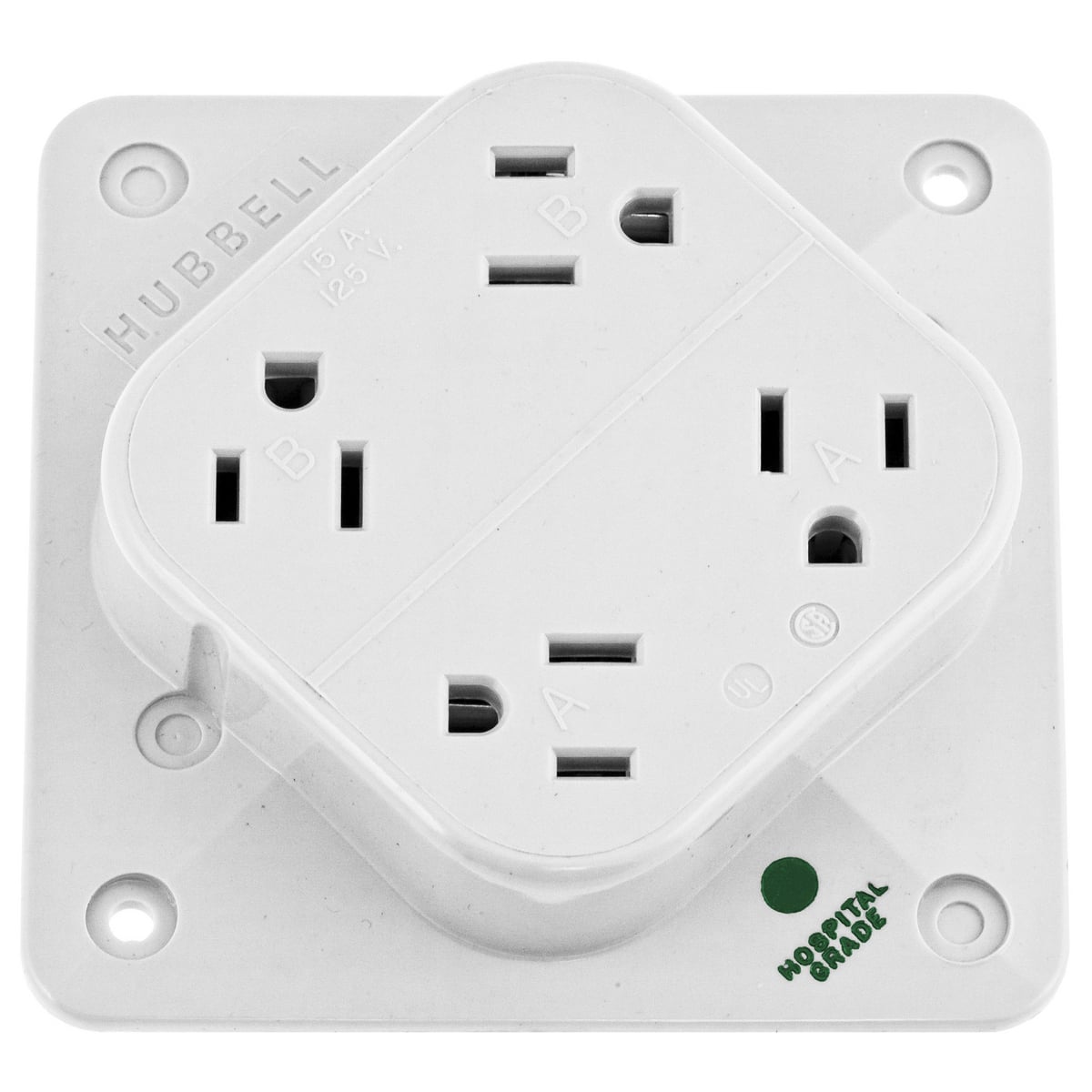 HBL415HW 1-Phase 4-in-1 Grounding Standard Screw Mount Straight Blade Receptacle, 125 V AC, 15 A, 2 Poles, 3 Wires, White