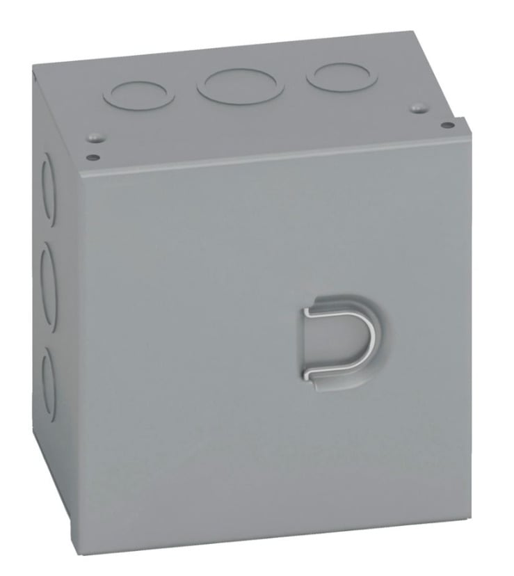 Type 1 junction boxes, 10" height, 4" length, 10" width, NEMA 1, Hinged cover, HC enclosure, Surface mounted, Small single door, 5 top-bottom knockouts,5 side knockouts, Thru holes, Carbon steel