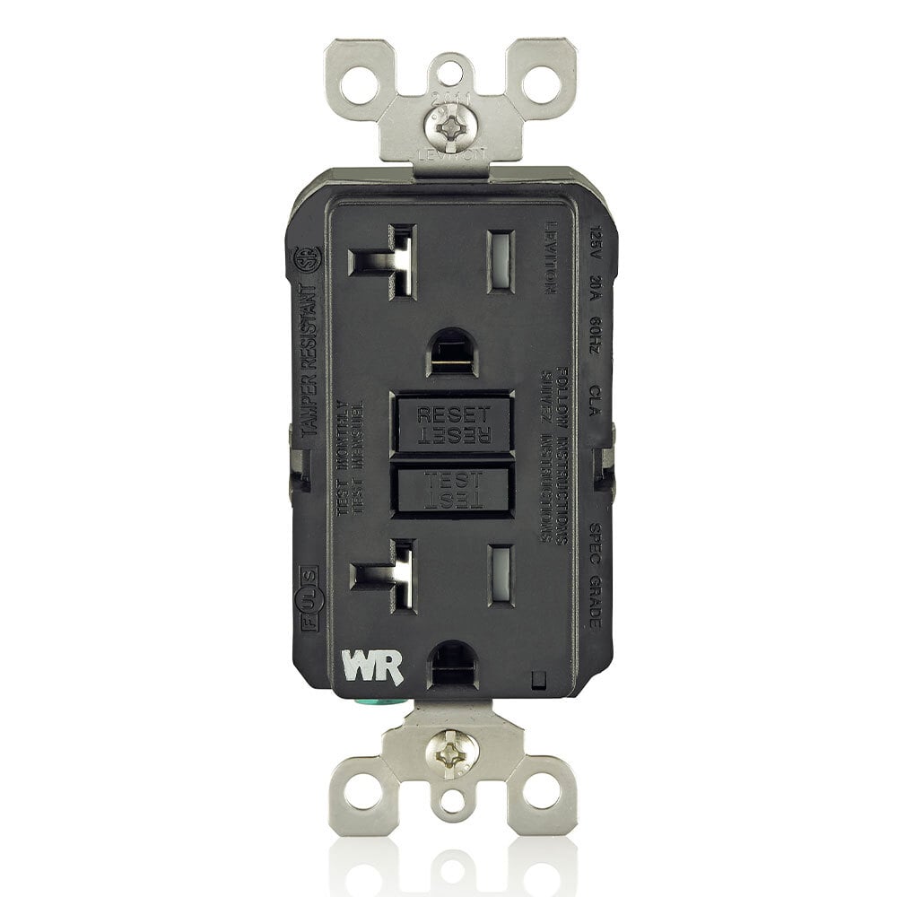GFWT2-E Duplex Feed Through Self-Test Slim Tamper/Weather Resistant GFCI Receptacle With Black Test, Reset Button, 125 V AC, 20 A, 2 Poles, 3 Wires, Black
