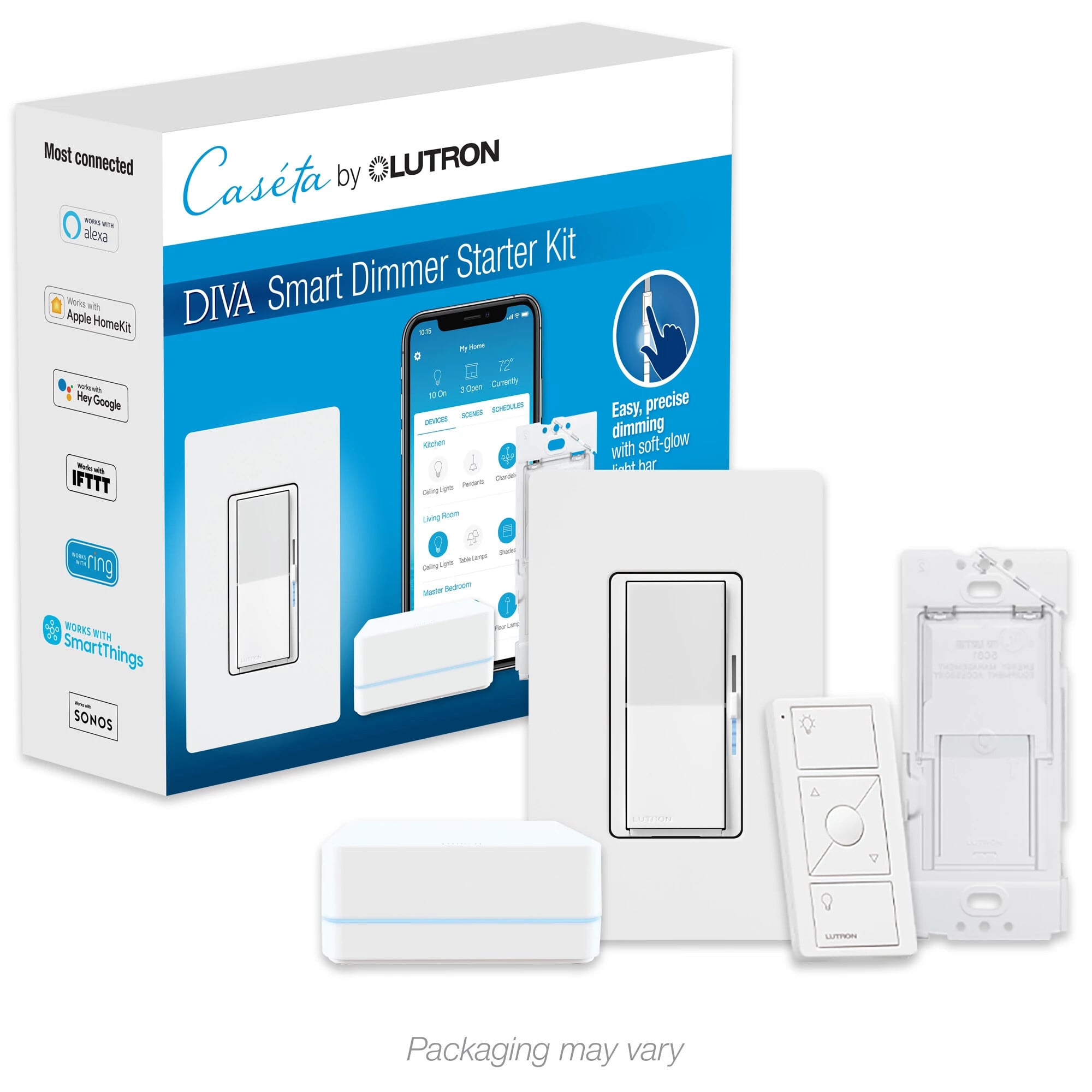 DVRF-BDG-1D Diva Smart Dimmer Switch Starter Kit for Caseta Smart Lighting with Smart Hub and Pico Remote, 150W LED, White