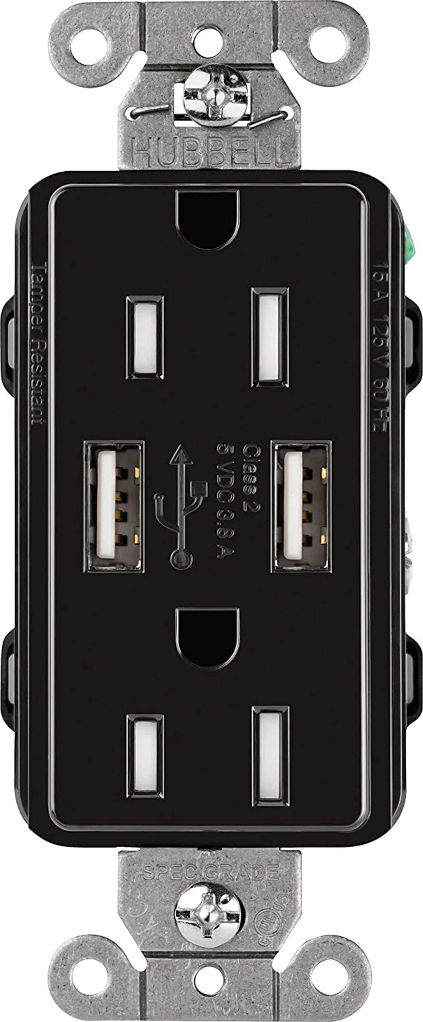 CAR-15-UBTR-BL Claro Tamper-Resistant USB-A Duplex Receptacle, Decorator-Style Outlet, 15 Amp, Self-Testing, Gloss, Black