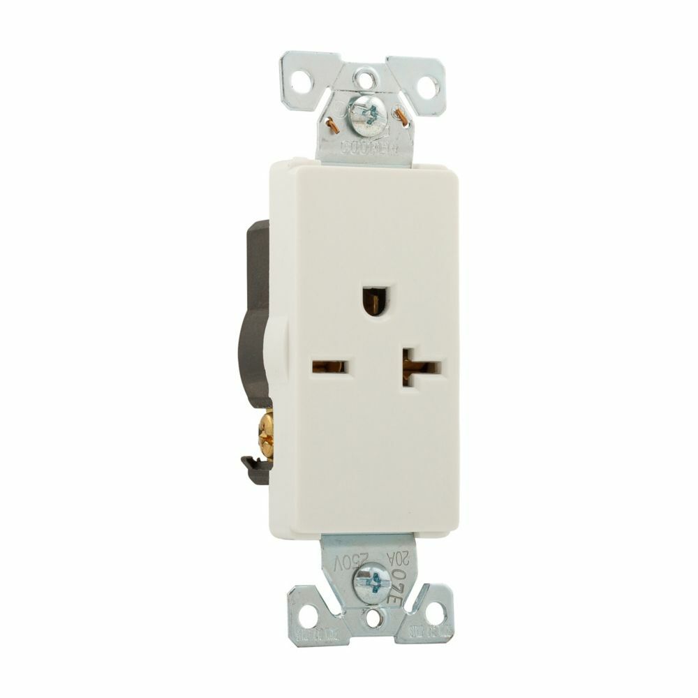 Eaton heavy-duty industrial specification grade decorator single receptacle, #14-10 AWG, 20A, Commercial, Flush, 250V, Back and side, White, Brass, Nylon, 5-20R, Single, Screw, Nylon, Core pack