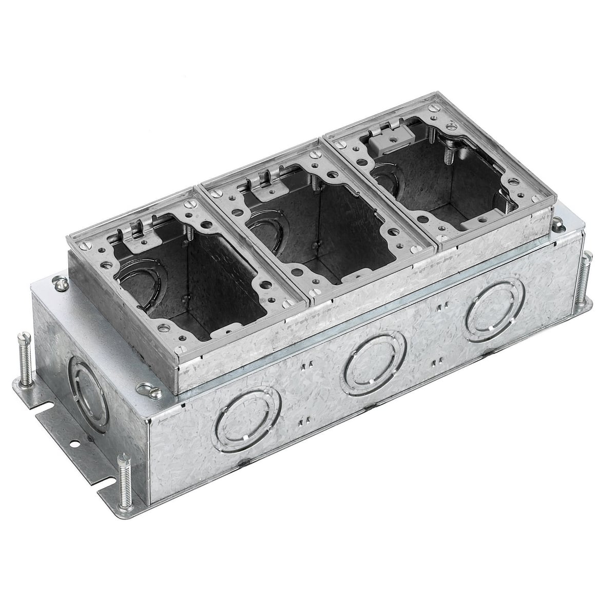 BA2433 Deep Fully Adjustable Concrete Floor Box, Stamped Steel, 50.8 cu-in/Gang Capacity, 3 Gangs, 10 Knockouts, 4.81 in L x 12.5 in W x 3.72 in H