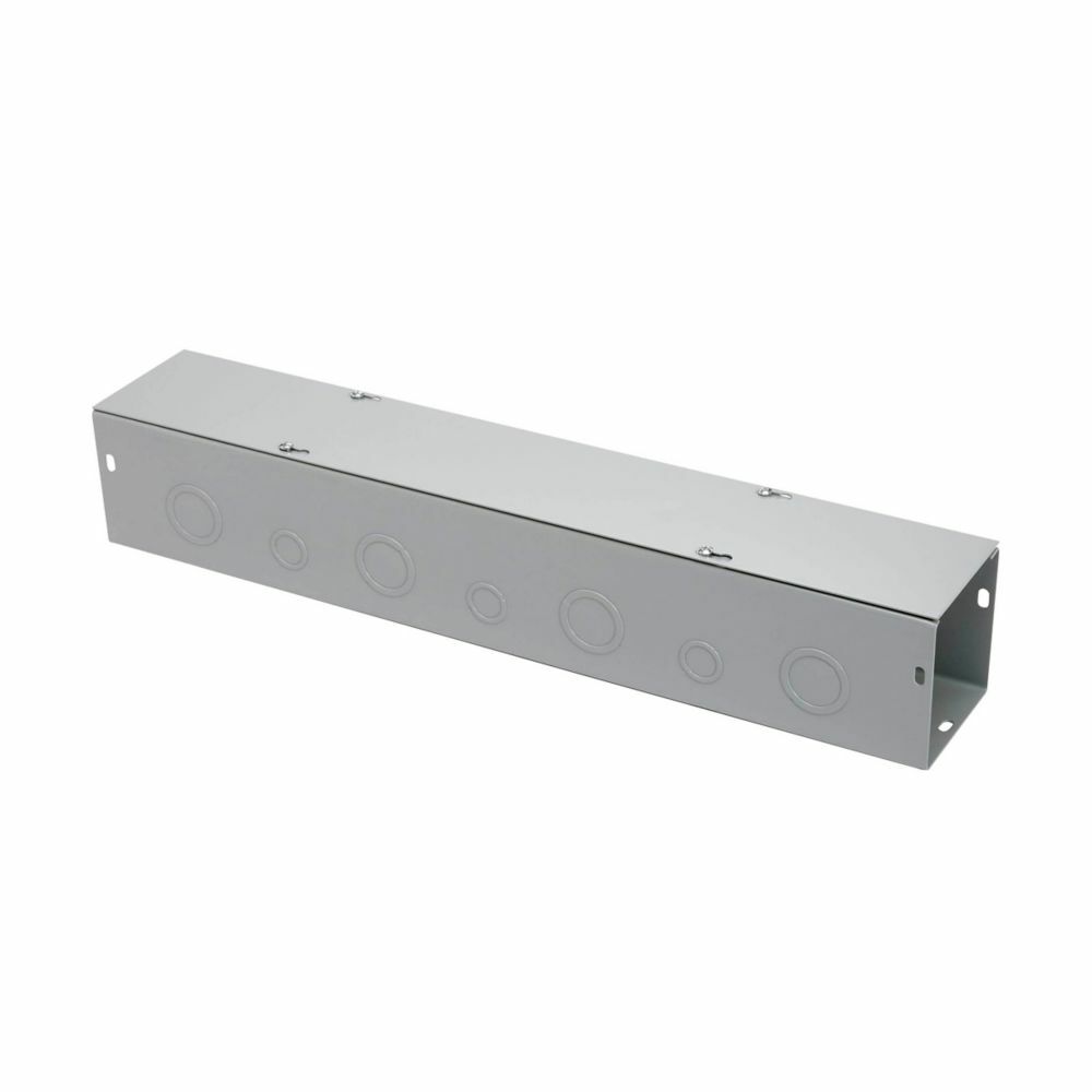 wireway, 12" height, 36" length, 12" width, G wireway, Thru holes, 11 top knockouts, 11 bottom knockouts, Screw cover, NEMA 1, Steel, Plated screws, ANSI 61 gray, 14 gauge
