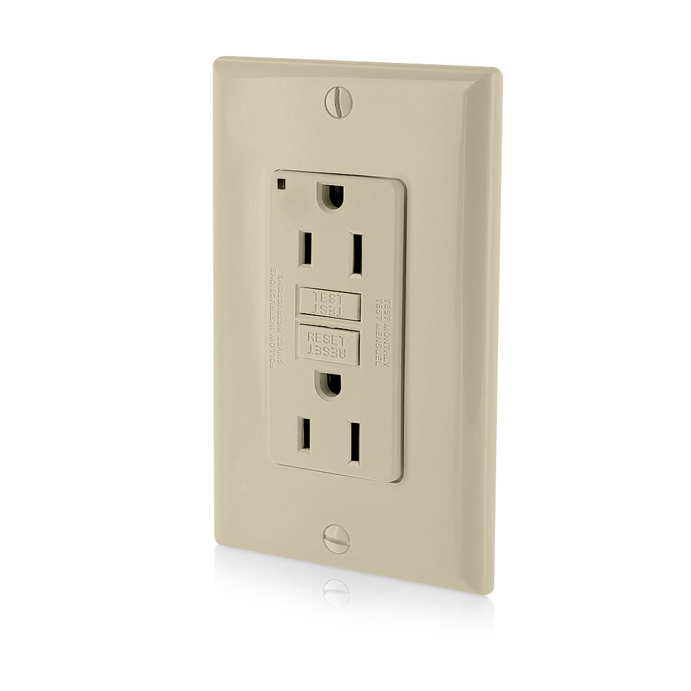 GFNT1-I SmartlockPro Slim Duplex Monochromatic Non-Tamper Resistant Self-Test GFCI Receptacle With Wallplate, LED Indicator, 125 V AC, 15 A, 2 Poles, 3 Wires, Ivory