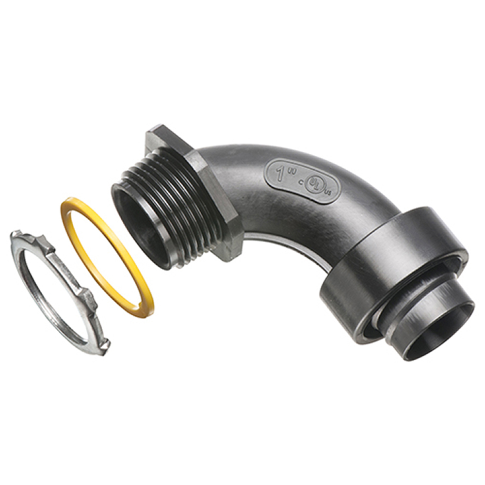 NMSC90100BL Screw-On Liquid Tight Conduit Connector, 1 in Trade, 90 deg, Plastic