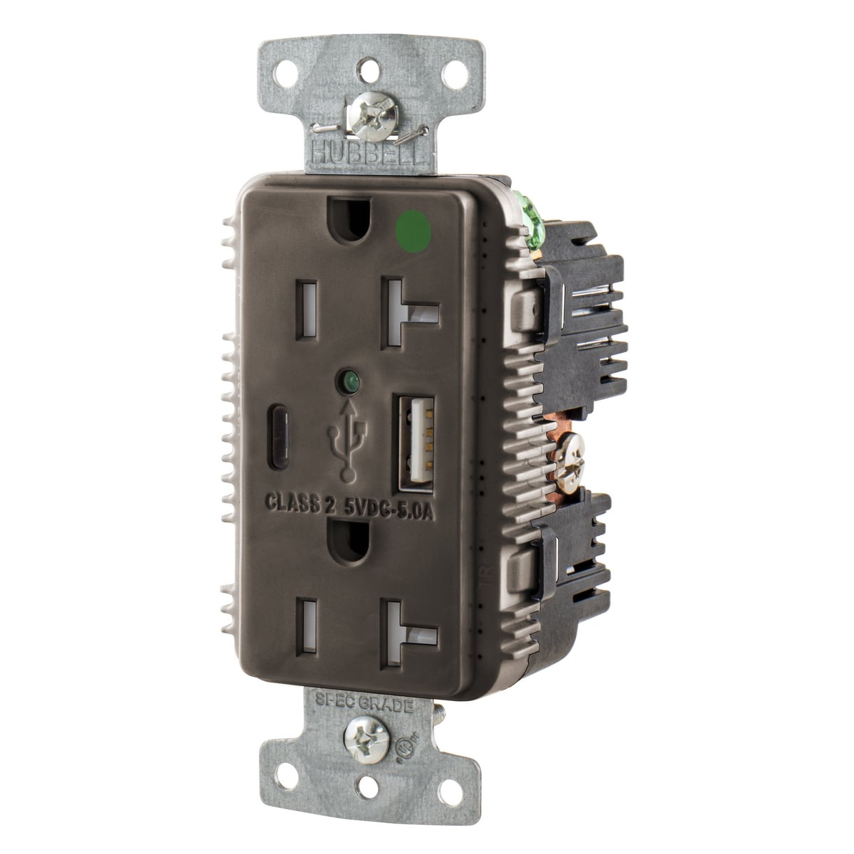 USB8300AC5 Duplex Grounding Tamper-Resistant Standard USB Charger Receptacle With Green LED, 125 V AC, 20 A, 1 hp, 2500 W, 1 Phase, 2 Poles, 3 Wires, Brown