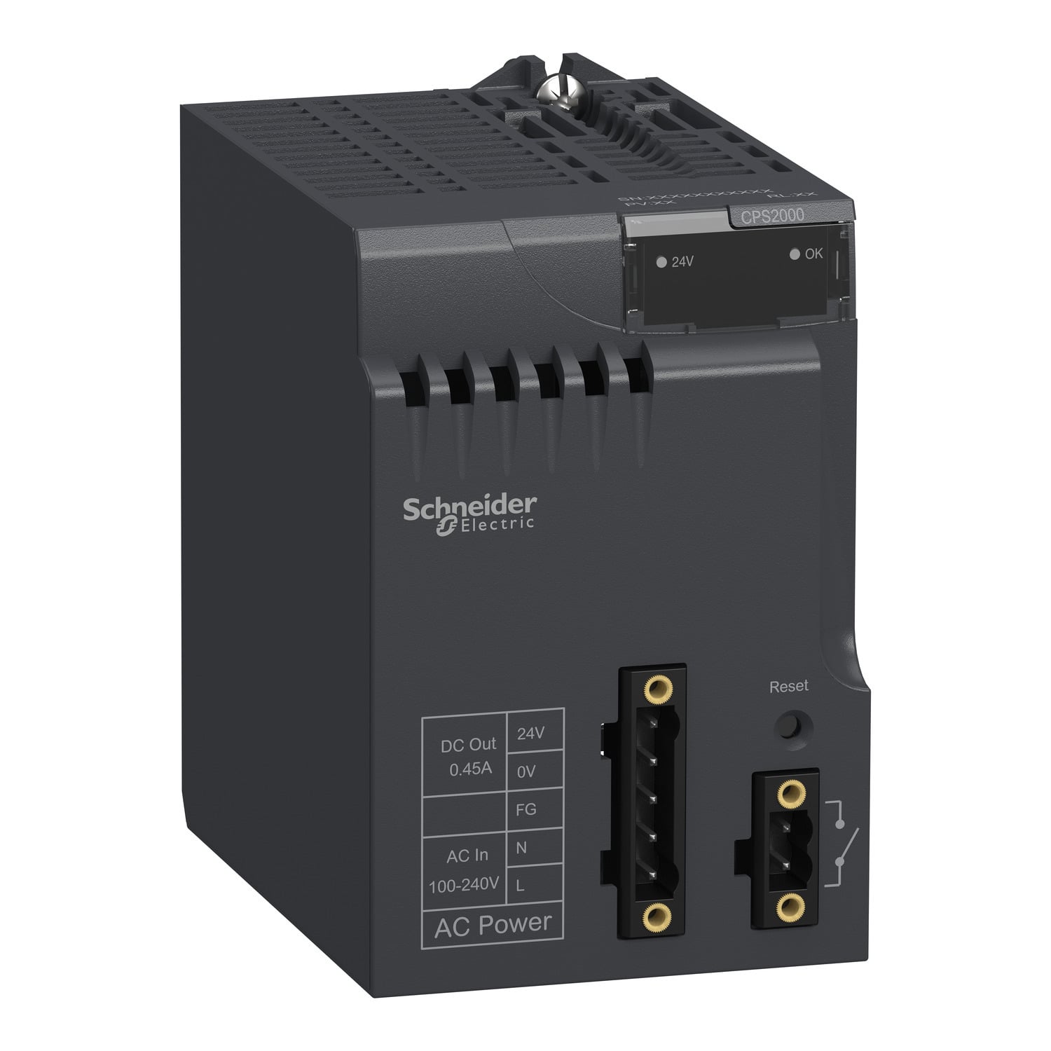 BMXCPS2000 Modicon Standard PLC Power Supply Module, 115/240 V AC Input, 24 VDC Output, 0.31 A, 0.61 A Input, 0.45 A, 0.7 A, 2.5 A Output, 20 W