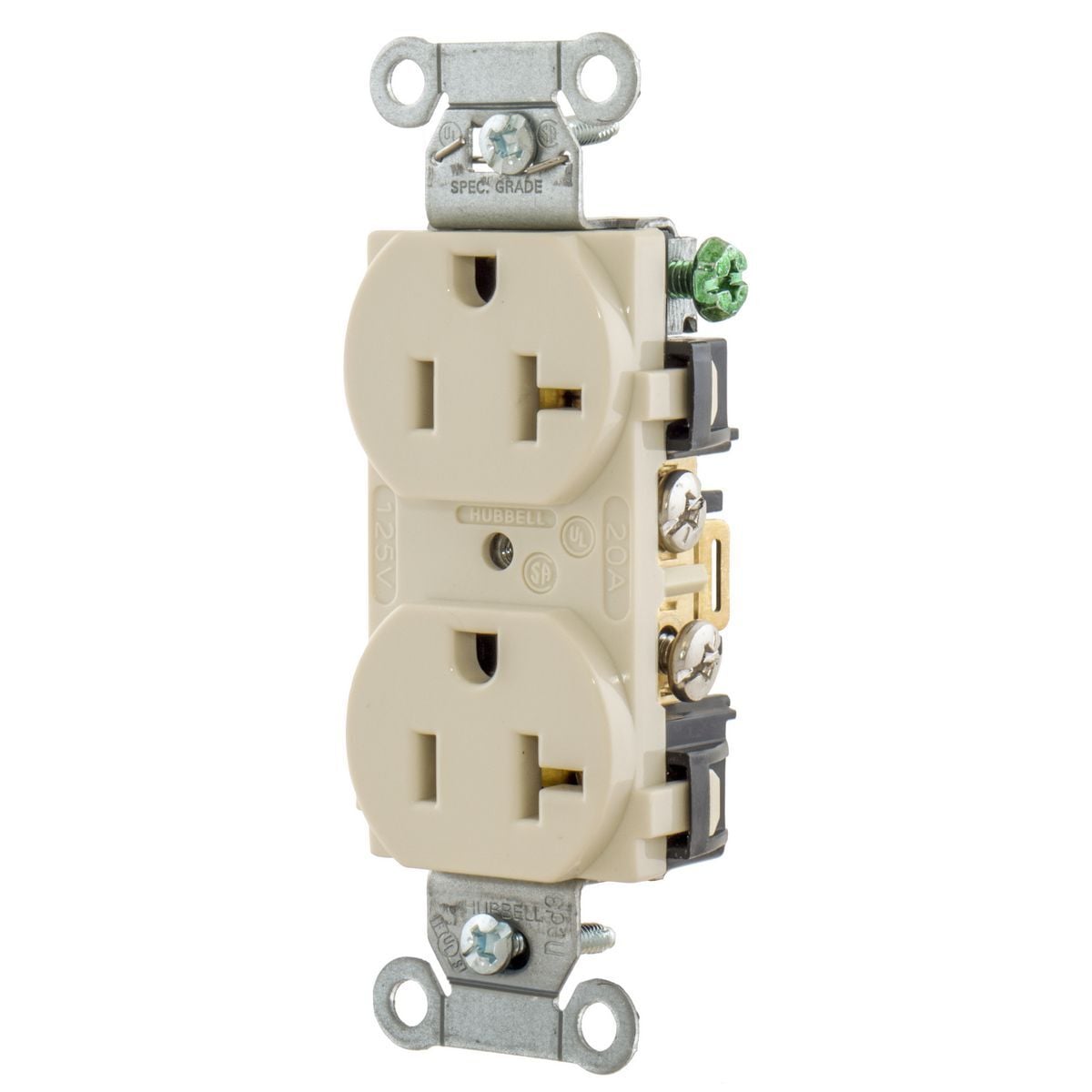 5352ALA 1-Phase Duplex Heavy Duty Self-Grounding Standard Traditional Screw Mount Straight Blade Receptacle, 125 V AC, 20 A, 2 Poles, 3 Wires, Light Almond