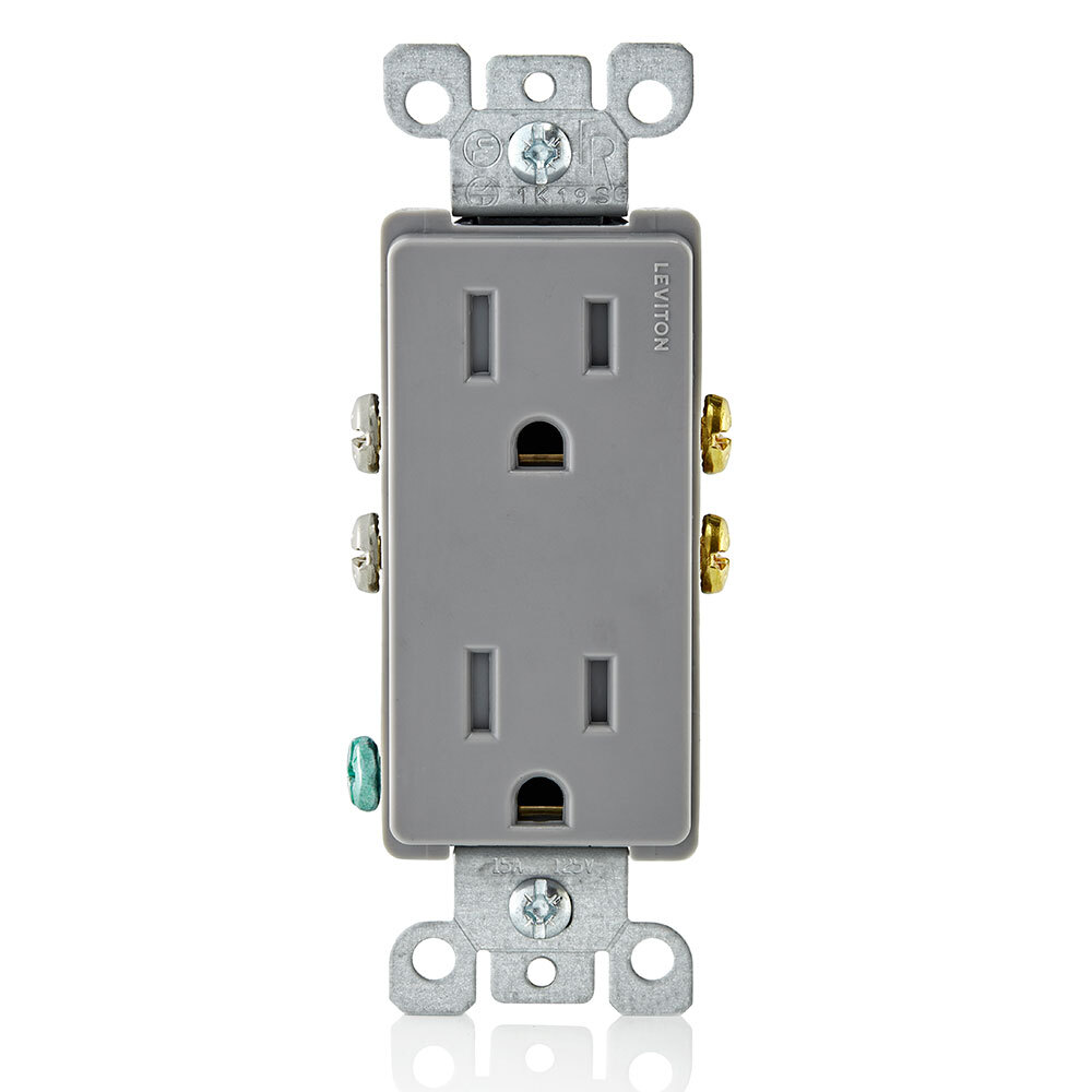 T5325-GY Duplex Self-Grounding Tamper-Resistant Straight Blade Receptacle, 125 V AC, 15 A, 2 Poles, 3 Wires, Gray