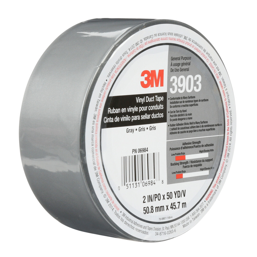 7100145925 3903 Tape, 50 yd L 2 in W, 6.5 mil THK, Rubber Adhesive, Vinyl Backing, Gray