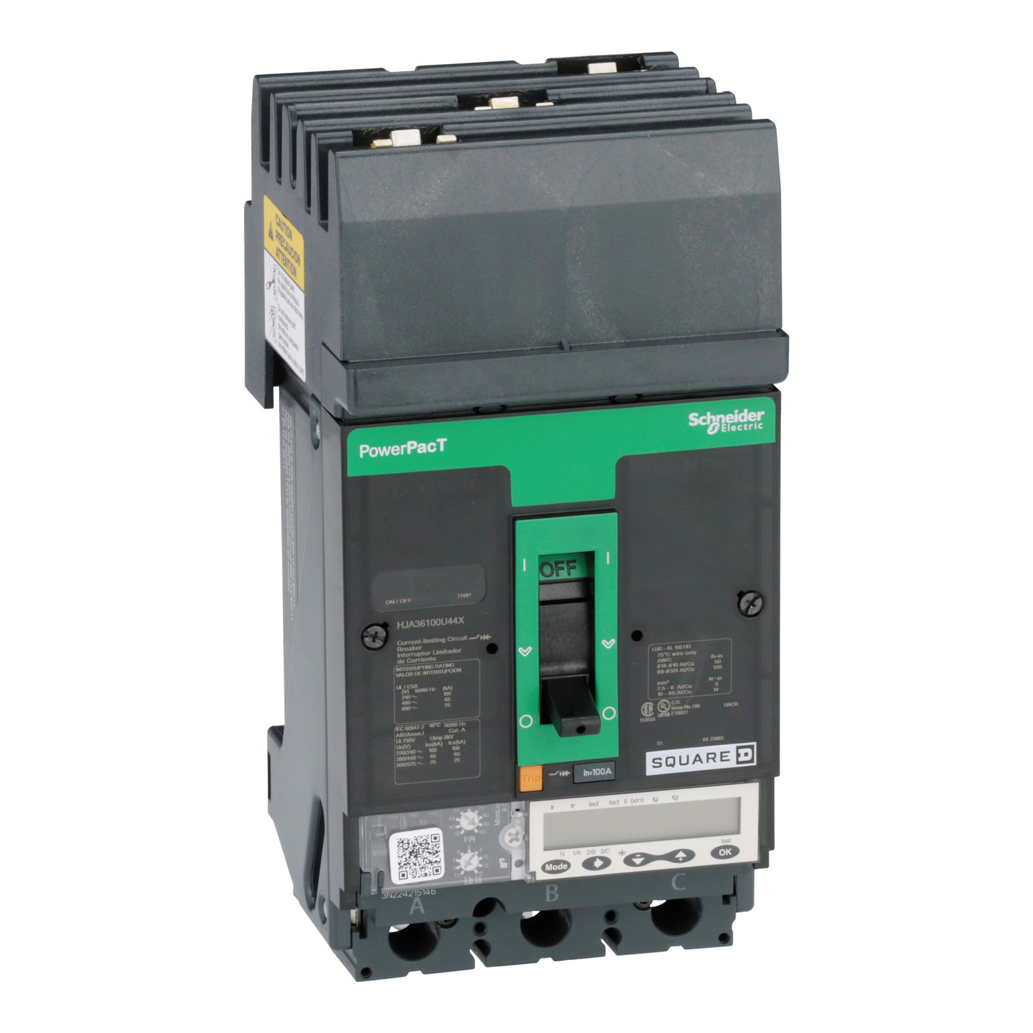 HJA36100U44X I-Line PowerPact Type HJA Molded Case Circuit Breaker, 600 V AC, 100 A, 25/65/100 kA Interrupt, 3 Poles, Electronic Trip