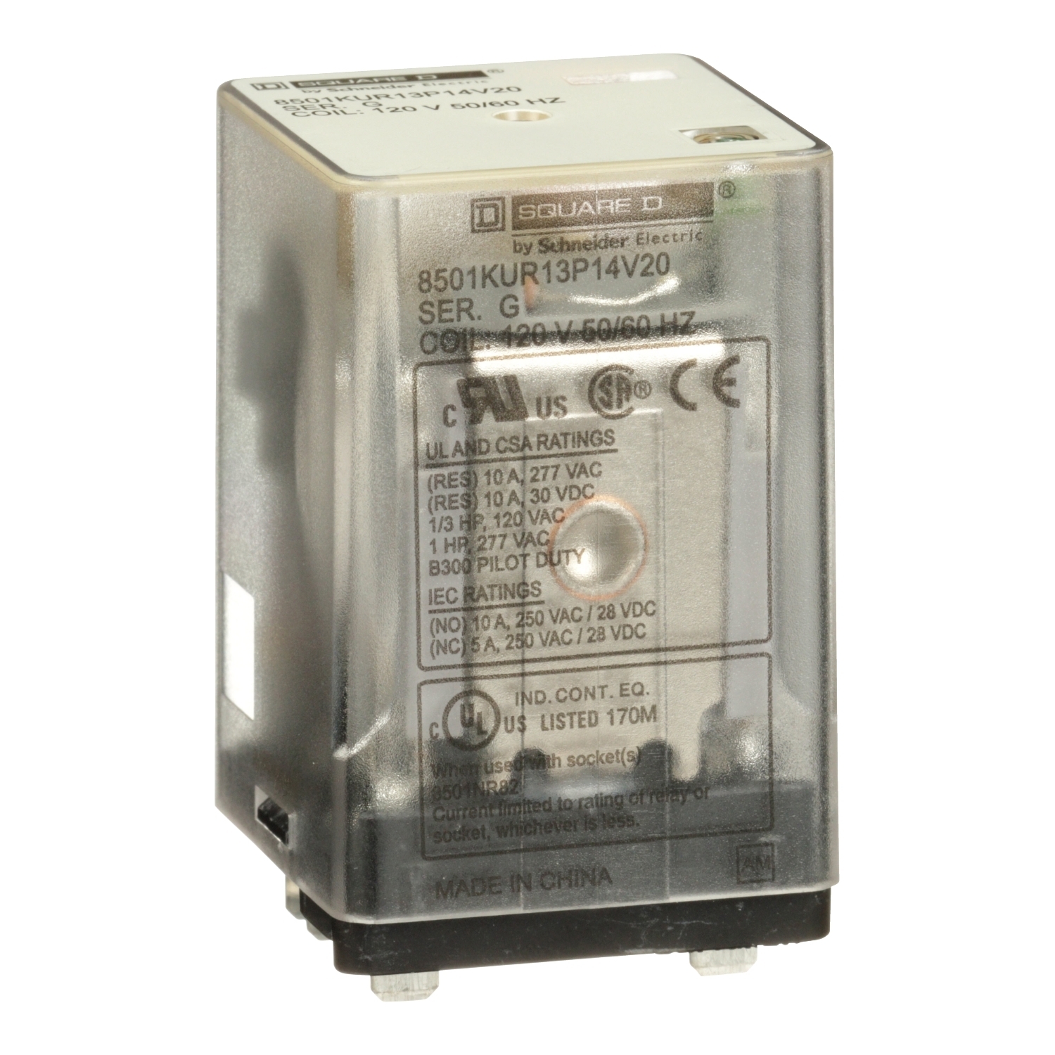 8501KUR13P14V20 Type K General Purpose Relay With LED and Standard Cover, 10 A, 11 Pin, 3CO 3 Form C 3PDT Contact, 300 V AC/30 V DC V Coil