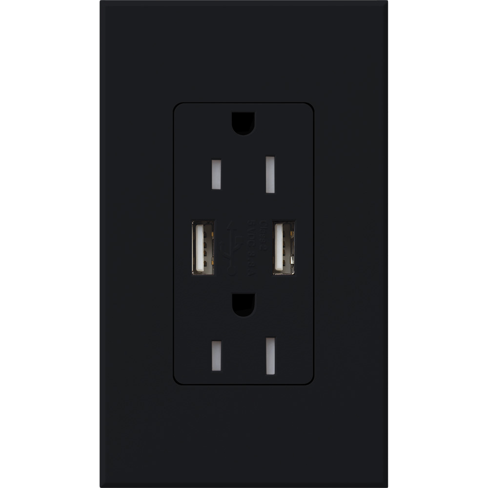 NTR-15-UBTR-BL Architectural  Tamper-Resistant USB-A Duplex Receptacle with Wall Plate, 15 Amp, Self-Testing, Matte, Black