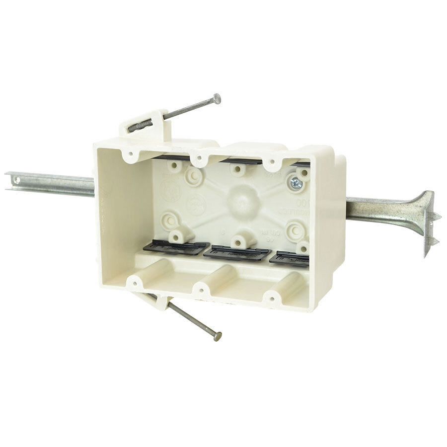 4-Gang, Nail-On, Switch/Outlet Box with Stabalizing Bar, Thermoset Fiberglass
