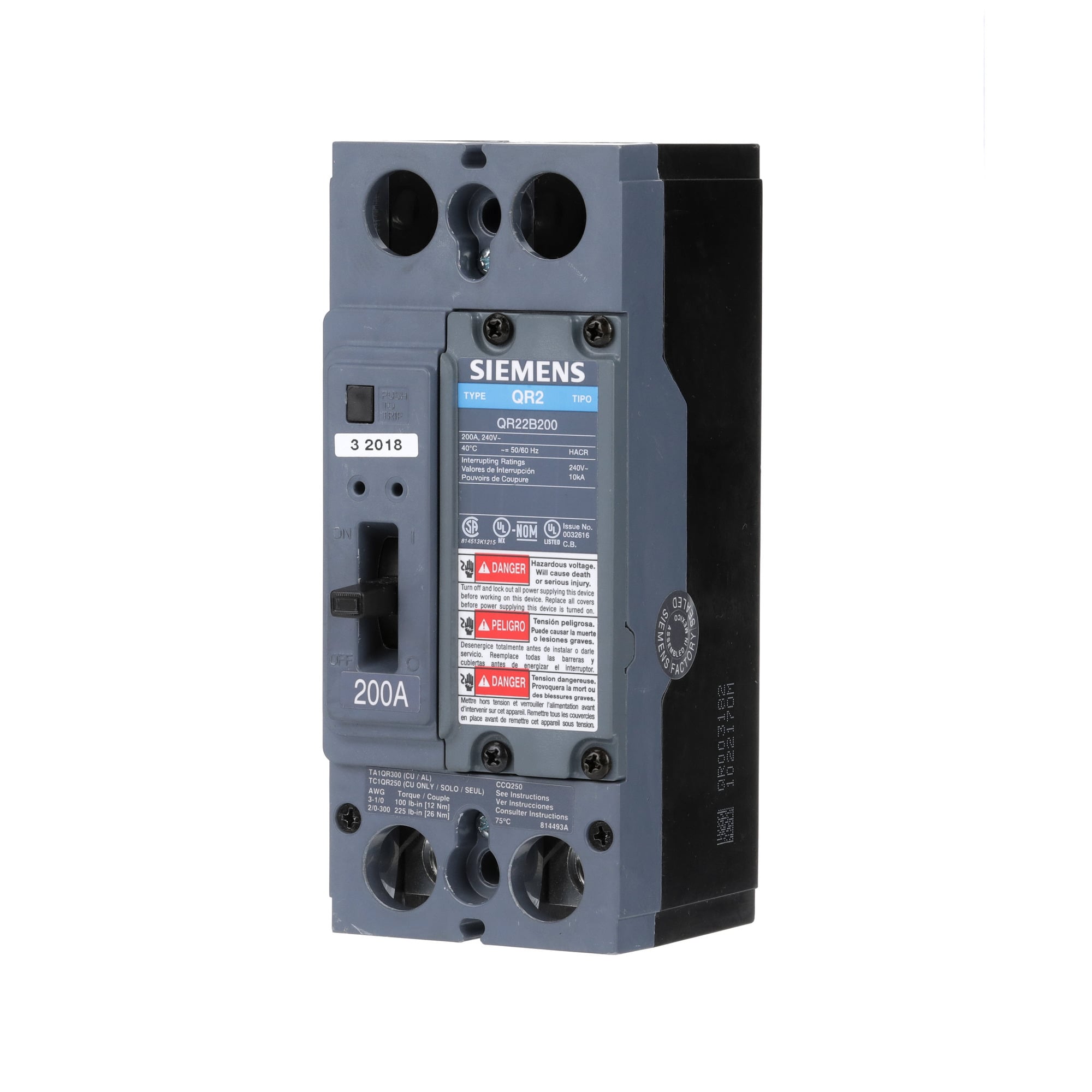 QR22B225 Low Voltage Molded Case Circuit Breaker, 240 V AC, 225 A, 10 kA Interrupt, 2 Poles, Thermal Magnetic Trip
