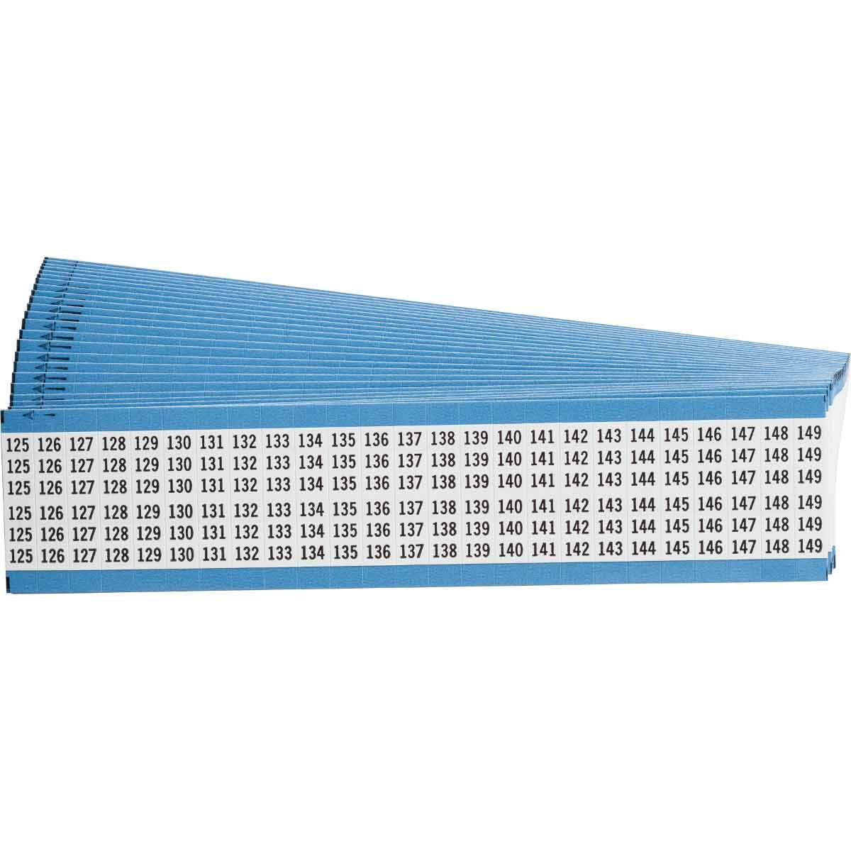 WM-125-149-PK WM Series Consecutive Number Pre-Printed Wire Marker Card, 1/4 in W, Black on White, B-500 Repositionable Vinyl Coated Fabric, 25 Markers per Card