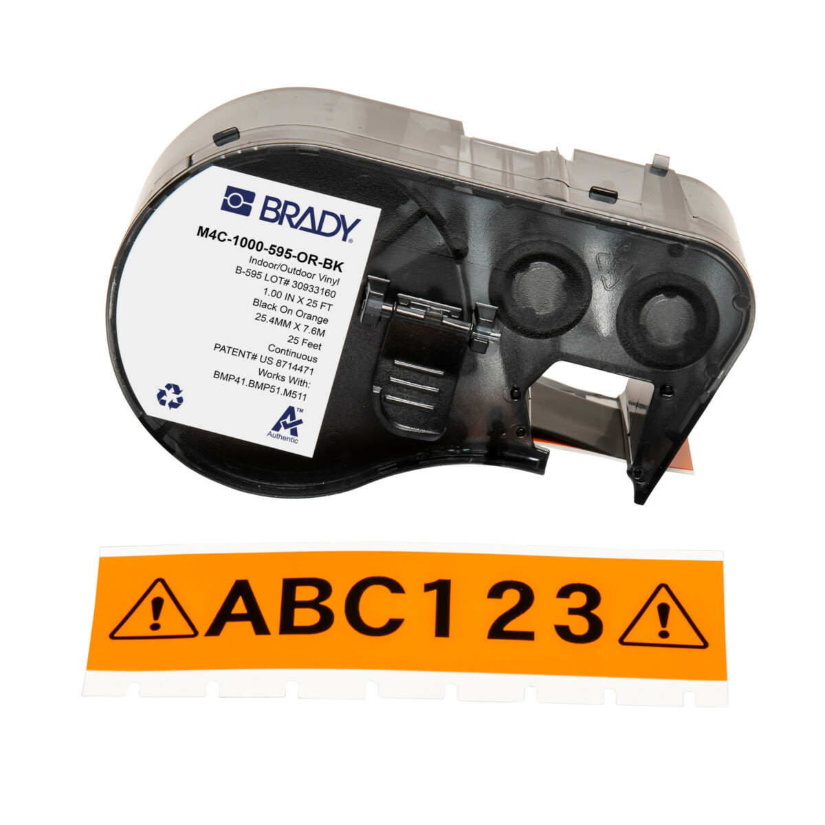 M4C-1000-595-OR-BK General Permanent Adhesive, 25 ft L x 1 in W, Black on Orange, B-595 Vinyl