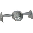 Octagon Ceiling Fan Support Box, 22.5 Cubic Inches, 4 Inch Diameter x 2-1/8 Inches Deep, 1/2 Inch Knockouts, Pre-Galvanized Steel, Drawn Construction, Non-Metallic Cable Clamp (C-5) and Old Work Bar Hanger with 16 Inch to 24 Inch Length, For use with Non-Metallic Sheathed Cable